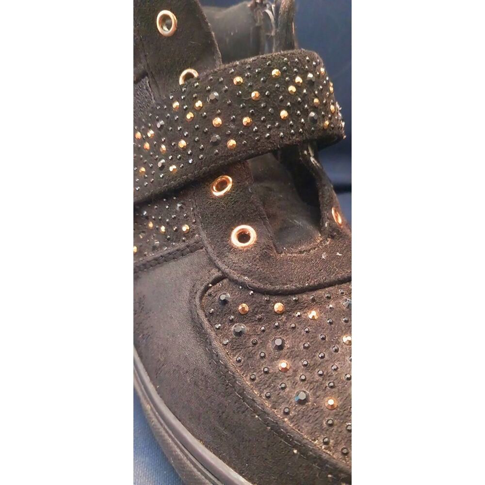 Women's Size 9 Black Rhinestone High Top- Side Zip Hook Loop Strap Casual Shoes